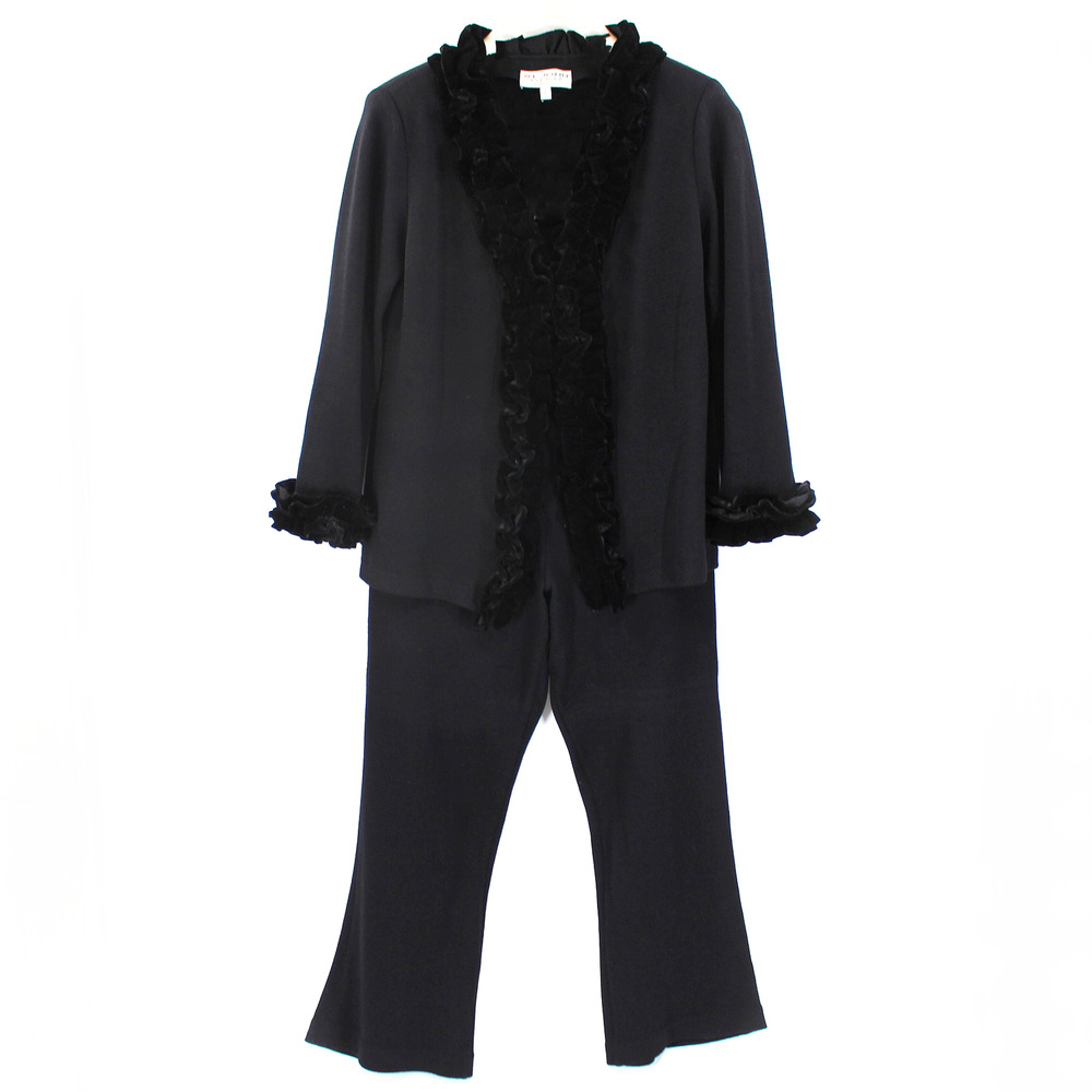 St. John Evening Velvet Ruffle Trim Pant Suit 2 Pc Set Black Knit Jacket Size 10